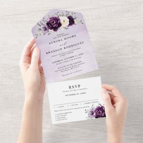 Eggplant Purple Plum Ivory White Floral Wedding Al All In One Invitation