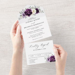 Eggplant Purple Plum Ivory White Floral Wedding All In One Invitation