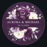 Eggplant Purple Plum Ivory White Floral Wedding Cl Classic Round Sticker<br><div class="desc">Elegant floral midsummer wedding sticker features a bouquet of watercolor roses peonies in shades of purple plum, champagne ivory floral and sage , lush green botanical eucalyptus leaves. Please find more matching designs and variations from my "blissweddingpaperie" store. And feel free to contact me for further customization or matching items....</div>