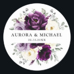 Eggplant Purple Plum Ivory White Floral Wedding Classic Round Sticker<br><div class="desc">Elegant floral midsummer wedding sticker features a bouquet of watercolor roses peonies in shades of purple plum, champagne ivory floral and sage , lush green botanical eucalyptus leaves. Please find more matching designs and variations from my "blissweddingpaperie" store. And feel free to contact me for further customization or matching items....</div>