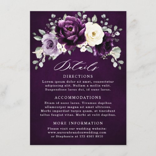 Eggplant Purple Plum Ivory White Floral Wedding En Enclosure Card