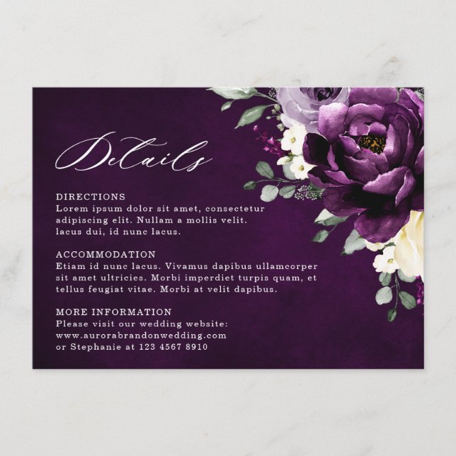 Eggplant Purple Plum Ivory White Floral Wedding En Enclosure Card (Front)