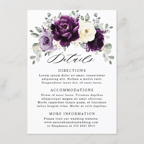 Eggplant Purple Plum Ivory White Floral Wedding Enclosure Card
