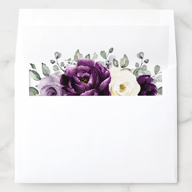 Eggplant Purple Plum Ivory White Floral Wedding Envelope Liner (In Envelope)