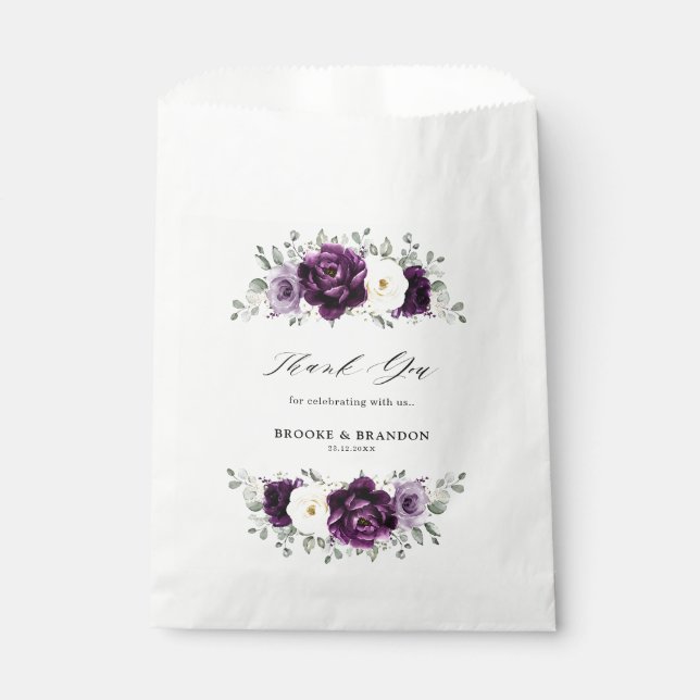 Eggplant Purple Plum Ivory White Floral Wedding Favor Bag (Front)