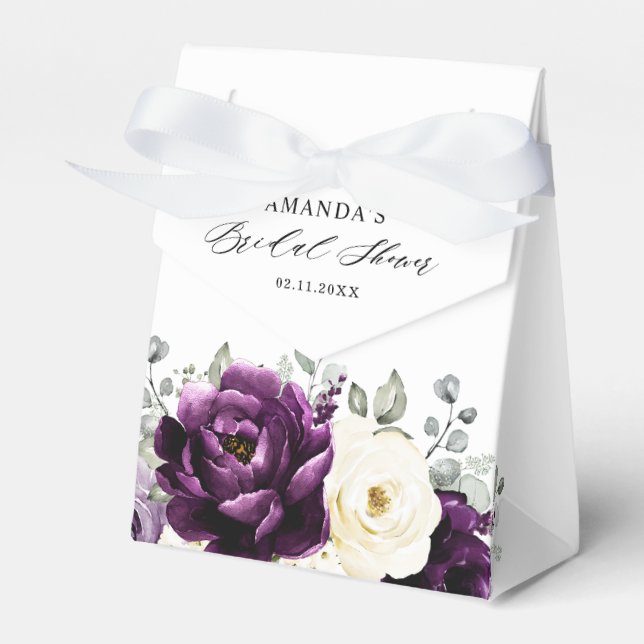 Eggplant Purple Plum Ivory White Floral Wedding Favor Boxes (Front Side)