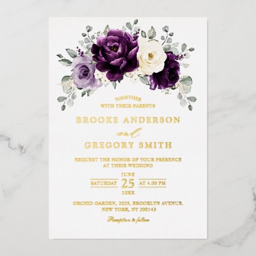 Eggplant Purple Plum Ivory White Floral Wedding Foil Invitation