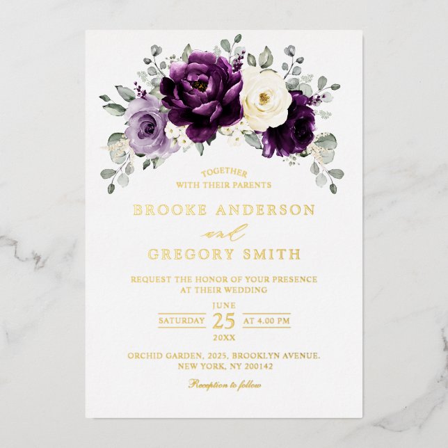 Eggplant Purple Plum Ivory White Floral Wedding Foil Invitation (Front)