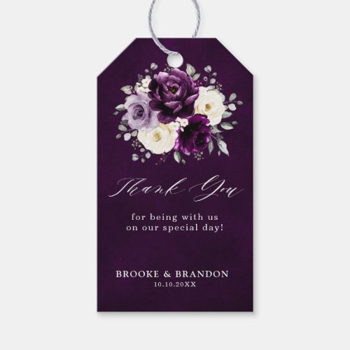 Eggplant Purple Plum Ivory White Floral Wedding Gi Gift Tags