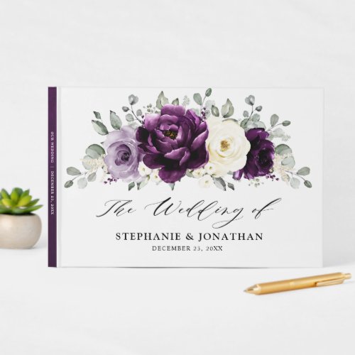 Eggplant Purple Plum Ivory White Floral Wedding Guest Book