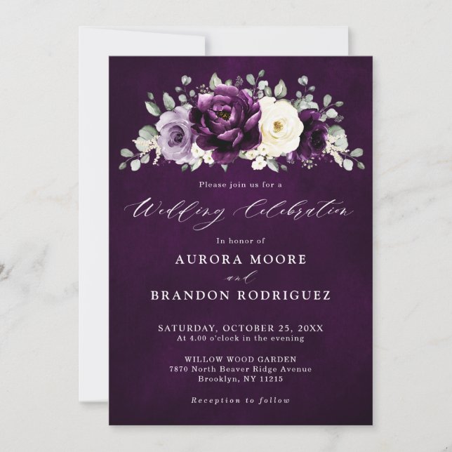 Eggplant Purple Plum Ivory White Floral Wedding In Invitation (Front)