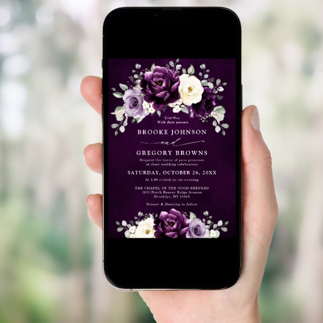 Eggplant Purple Plum Ivory White Floral Wedding In Invitation (Front Digital)