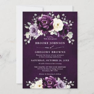 Eggplant Purple Plum Ivory White Floral Wedding In Invitation