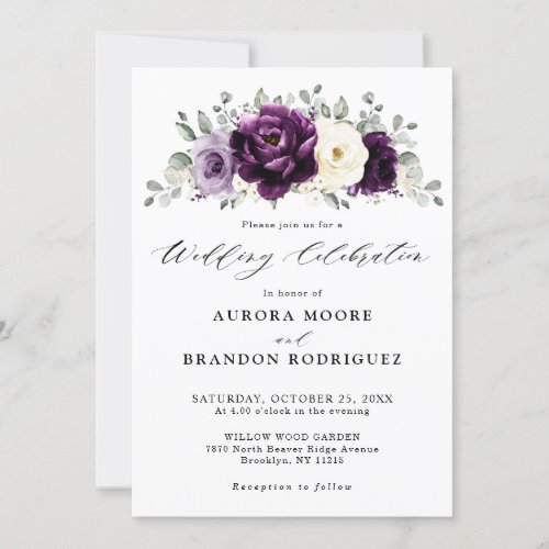 Eggplant Purple Plum Ivory White Floral Wedding Invitation