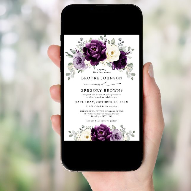 Eggplant Purple Plum Ivory White Floral Wedding Invitation (Front Digital)