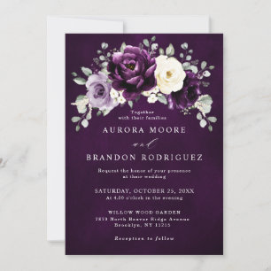 Eggplant Purple Plum Ivory White Floral Wedding    Invitation