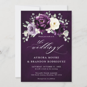 Eggplant Purple Plum Ivory White Floral Wedding    Invitation