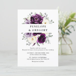 Eggplant Purple Plum Ivory White Floral Wedding Invitation