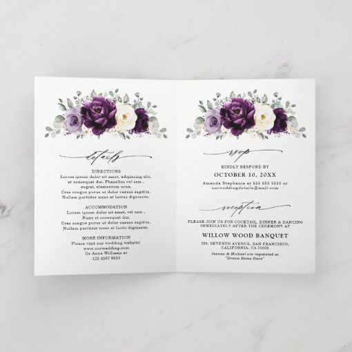 Eggplant Purple Plum Ivory White Floral Wedding Invitation | Zazzle