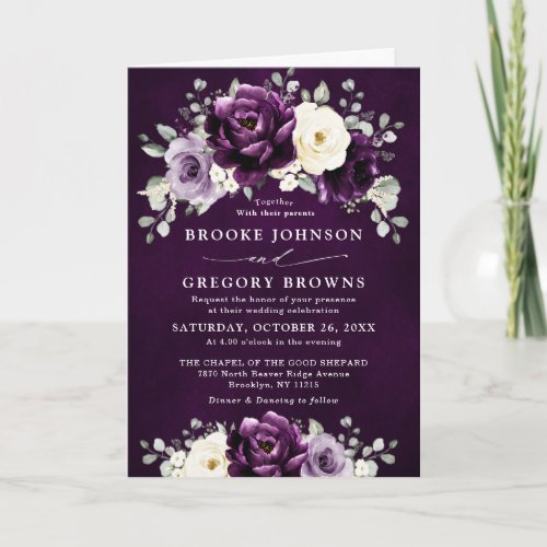 Eggplant Purple Plum Ivory White Floral Wedding    Invitation