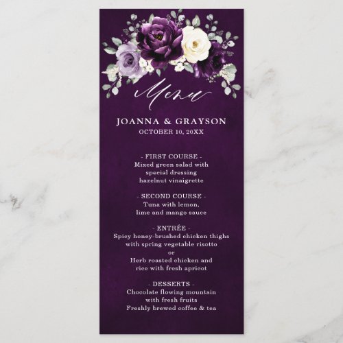 Eggplant Purple Plum Ivory White Floral Wedding Me Menu