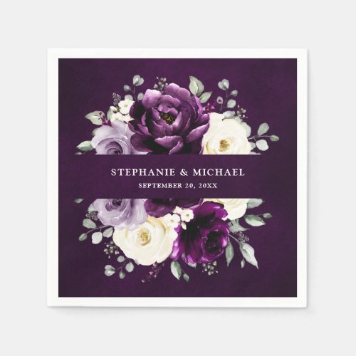 Eggplant Purple Plum Ivory White Floral Wedding Na Napkins