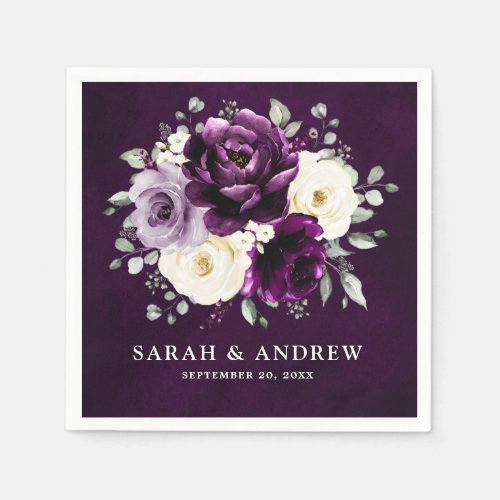 Eggplant Purple Plum Ivory White Floral Wedding Na Napkins