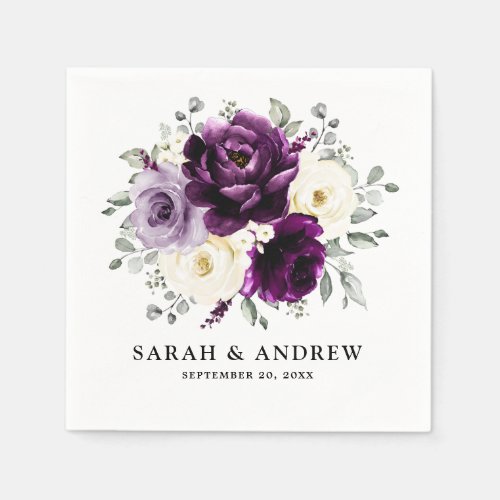 Eggplant Purple Plum Ivory White Floral Wedding Napkins