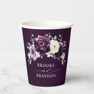 Eggplant Purple Plum Ivory White Floral Wedding Pa Paper Cups