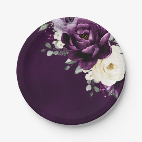 Eggplant Purple Plum Ivory White Floral Wedding Pa Paper Plates