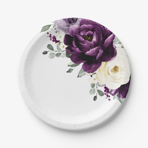 Eggplant Purple Plum Ivory White Floral Wedding Paper Plates