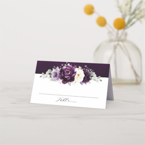 Eggplant Purple Plum Ivory White Floral Wedding Pl Place Card