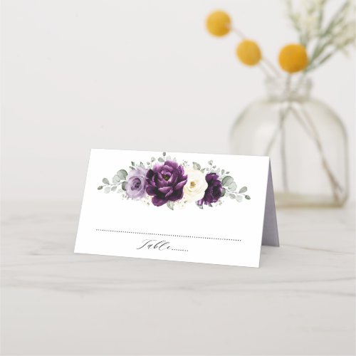 Eggplant Purple Plum Ivory White Floral Wedding Place Card