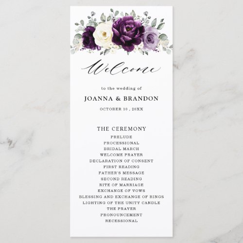 Eggplant Purple Plum Ivory White Floral Wedding Program