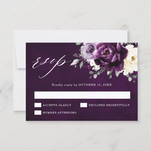 Eggplant Purple Plum Ivory White Floral Wedding RS RSVP Card