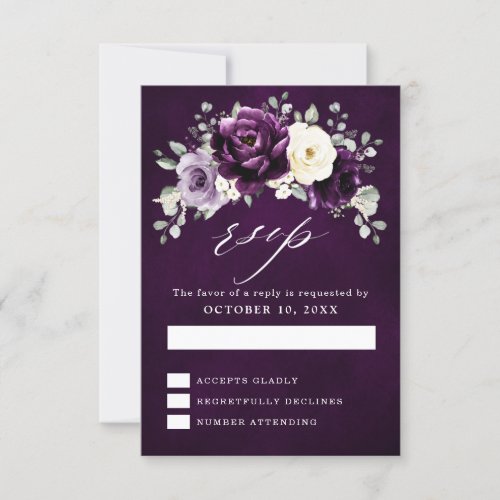 Eggplant Purple Plum Ivory White Floral Wedding RS RSVP Card