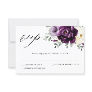 Eggplant Purple Plum Ivory White Floral Wedding RSVP Card