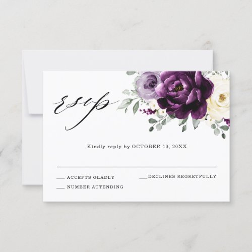 Eggplant Purple Plum Ivory White Floral Wedding RSVP Card