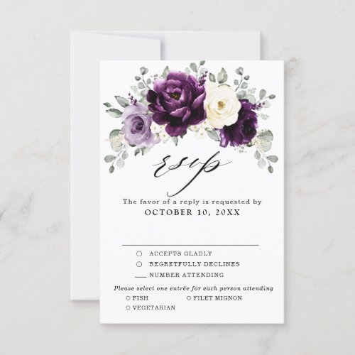 Eggplant Purple Plum Ivory White Floral Wedding RSVP Card