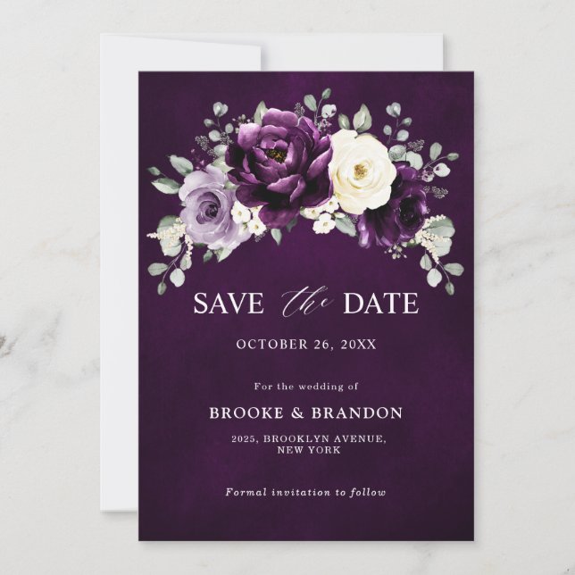 Eggplant Purple Plum Ivory White Floral Wedding Sa Save The Date (Front)