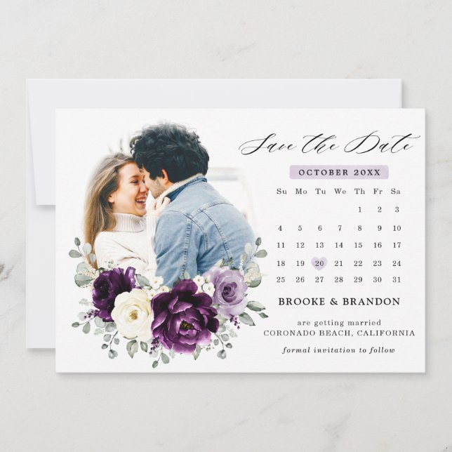 Eggplant Purple Plum Ivory White Floral Wedding Save The Date (Front)
