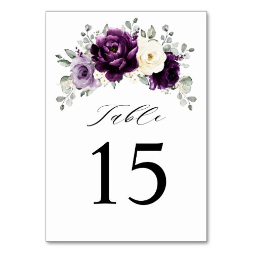 Eggplant Purple Plum Ivory White Floral Wedding Table Number