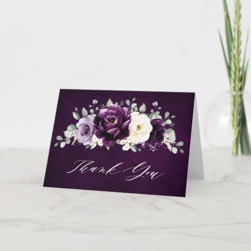 Eggplant Purple Plum Ivory White Floral Wedding Th Thank You Card