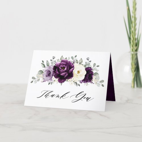 Eggplant Purple Plum Ivory White Floral Wedding Thank You Card