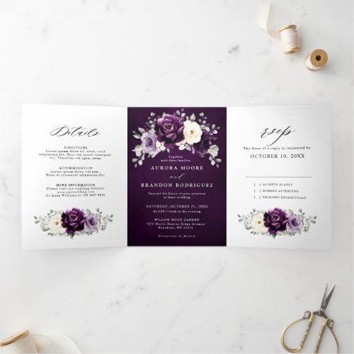 Eggplant Purple Plum Ivory White Floral Wedding Tr Tri_Fold Announcement