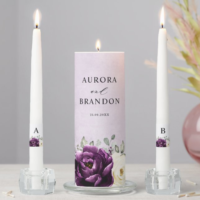 Eggplant Purple Plum Ivory White Floral Wedding Un Unity Candle Set (In Situ)