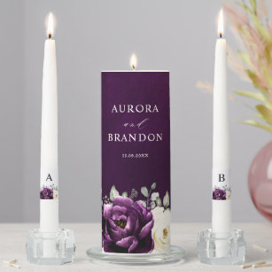 Eggplant Purple Plum Ivory White Floral Wedding Un Unity Candle Set