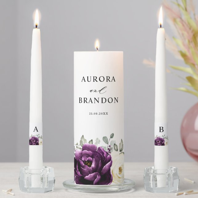 Eggplant Purple Plum Ivory White Floral Wedding Unity Candle Set (In Situ)
