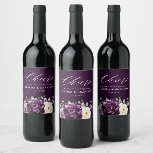 Eggplant Purple Plum Ivory White Floral Wedding Wi Wine Label