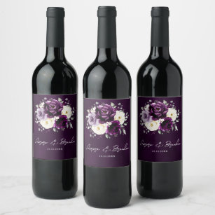 Eggplant Purple Plum Ivory White Floral Wedding Wi Wine Label